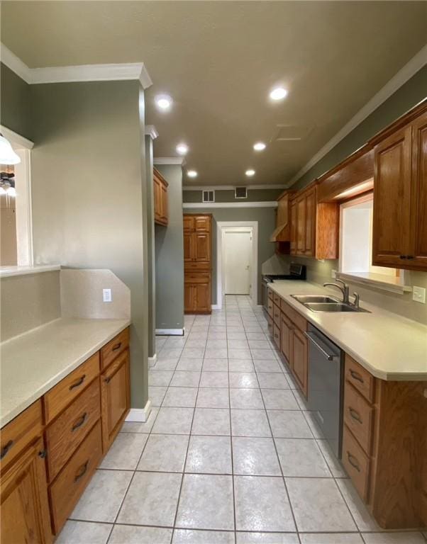 kitchen featuring light tile patterned floors, stainless steel dishwasher, crown molding, and sink