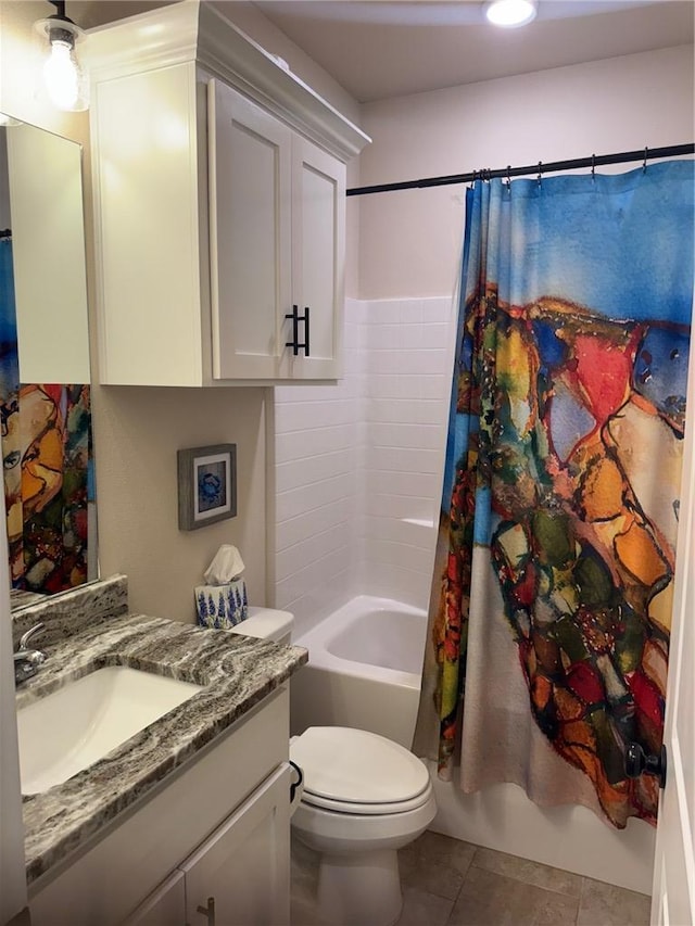 bathroom featuring tile patterned flooring, shower / bathtub combination with curtain, toilet, and vanity