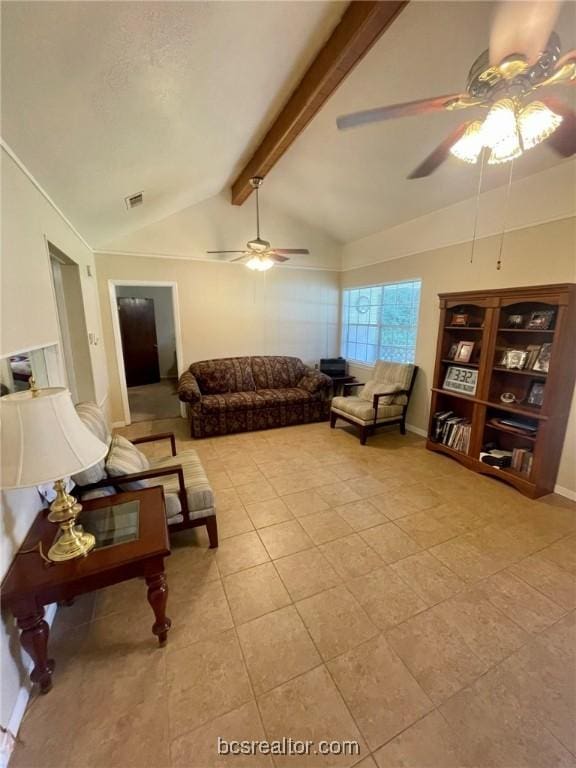 living room with vaulted ceiling with beams, ceiling fan, and light tile patterned floors