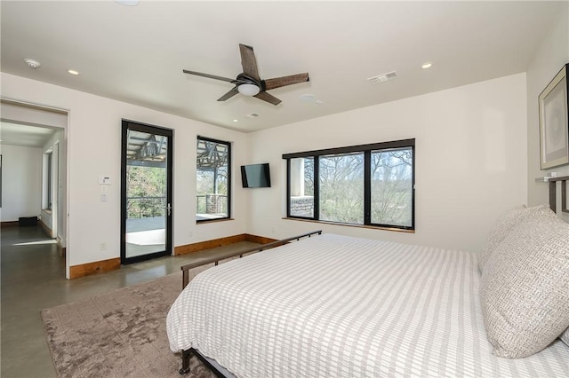 bedroom featuring baseboards, visible vents, recessed lighting, finished concrete floors, and access to exterior