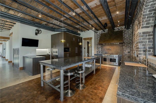 kitchen with a sink, stainless steel appliances, a towering ceiling, and custom range hood