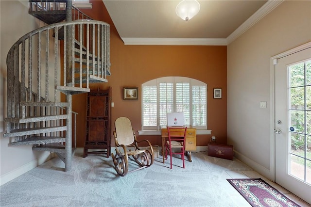 sitting room featuring stairway, baseboards, ornamental molding, and carpet flooring
