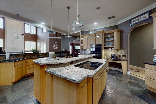 kitchen with open shelves, stainless steel double oven, black electric cooktop, a large island, and visible vents