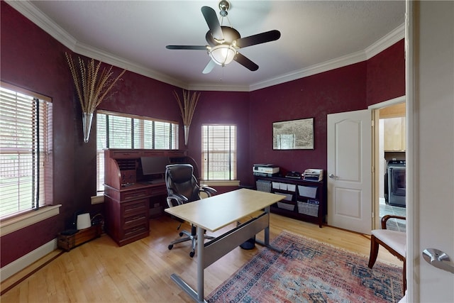 office with crown molding, a ceiling fan, and wood finished floors