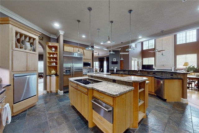 kitchen featuring open shelves, built in appliances, recessed lighting, a large island with sink, and a warming drawer