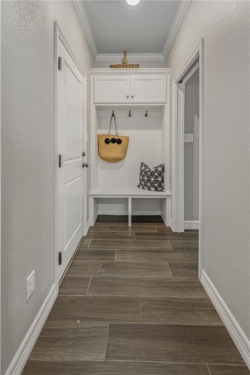 mudroom featuring dark hardwood / wood-style floors and crown molding