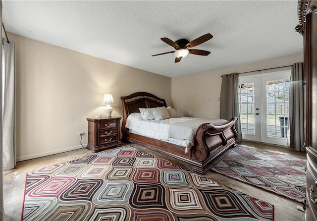 1205 King Arthur Cir, College Station, TX 77840 - bedroom with access to exterior, french doors, a textured ceiling, ceiling fan, and baseboards