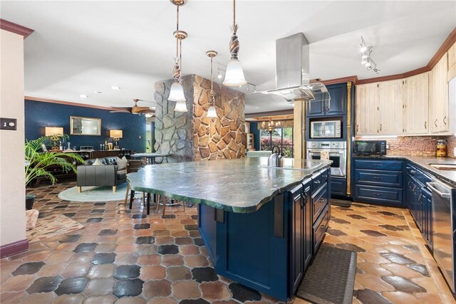 1309 Rock Dam Rd, Marlin, TX 76661 - kitchen with black appliances, blue cabinets, island exhaust hood, dark countertops, and open floor plan