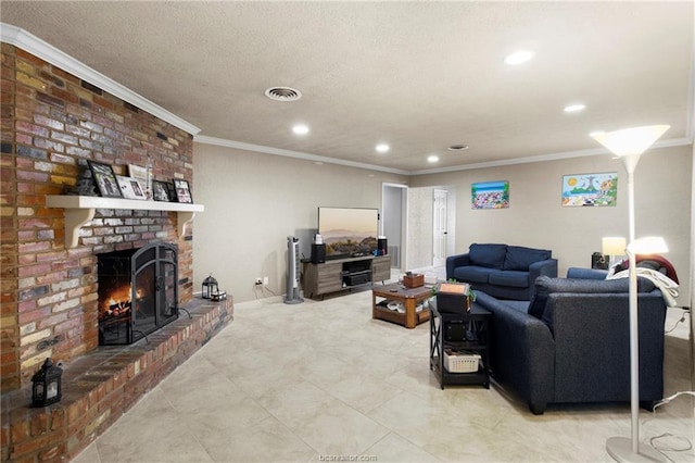 living room with crown molding, a textured ceiling, and a brick fireplace