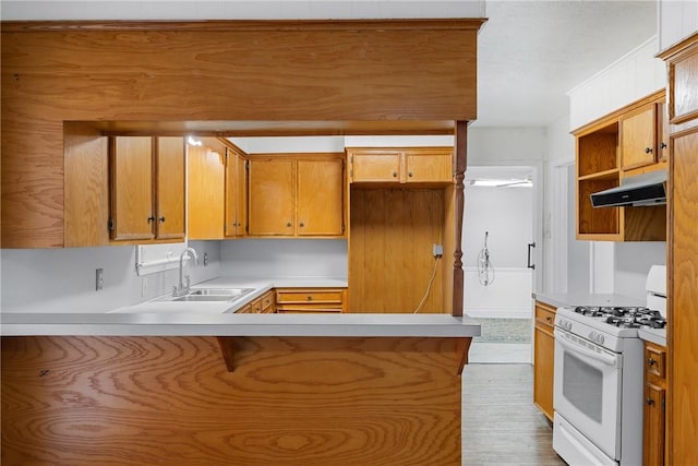 kitchen with sink, kitchen peninsula, and white gas range oven