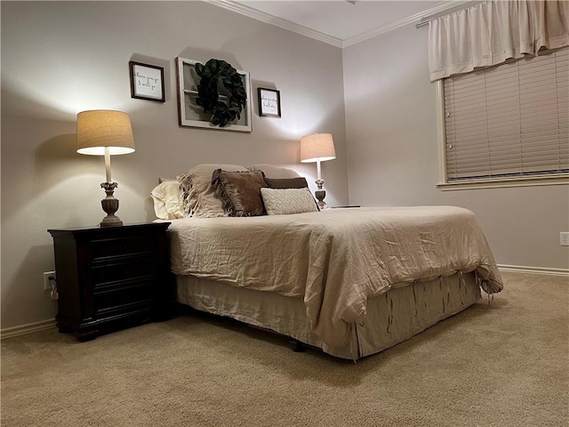 bedroom featuring carpet floors, baseboards, and ornamental molding