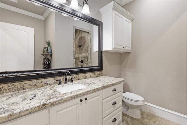 4675 River Garden Ct, Bryan, TX 77808 - bathroom featuring crown molding, vanity, toilet, baseboards, and tile patterned floors