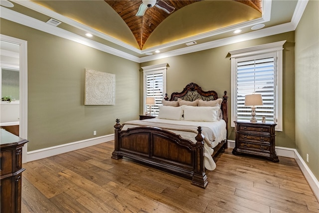 4675 River Garden Ct, Bryan, TX 77808 - bedroom featuring lofted ceiling, hardwood / wood-style floors, wooden ceiling, recessed lighting, and baseboards