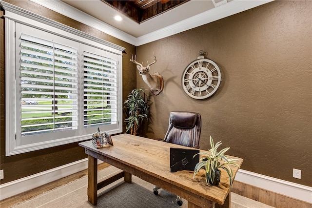 4675 River Garden Ct, Bryan, TX 77808 - office area with baseboards, a textured wall, ornamental molding, and wood finished floors