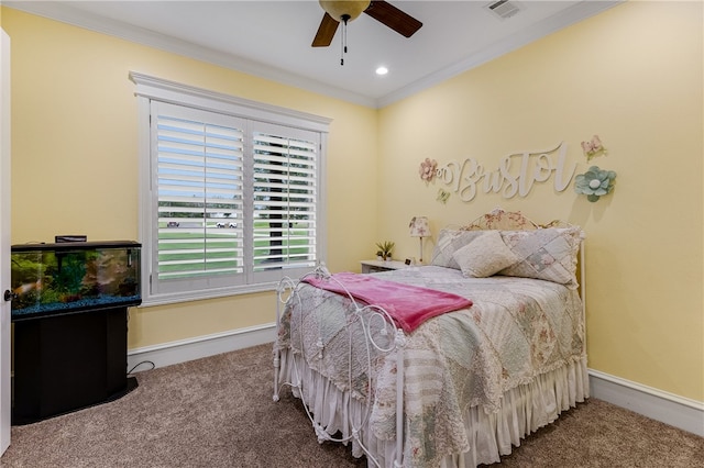 4675 River Garden Ct, Bryan, TX 77808 - bedroom with carpet, baseboards, ornamental molding, and ceiling fan
