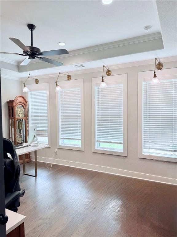 4203 Lismore Ln, College Station, TX 77845 - office area with crown molding, baseboards, wood finished floors, ceiling fan, and recessed lighting