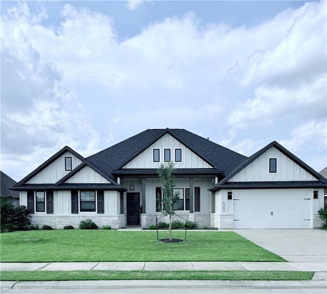 4203 Lismore Ln, College Station, TX 77845 - modern farmhouse with driveway, an attached garage, a shingled roof, and a front yard