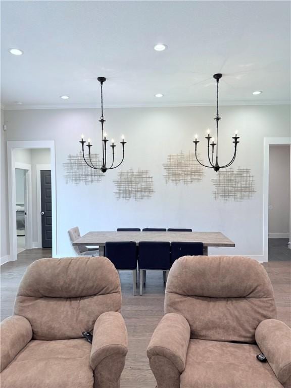4203 Lismore Ln, College Station, TX 77845 - playroom with a chandelier, recessed lighting, ornamental molding, baseboards, and wood finished floors