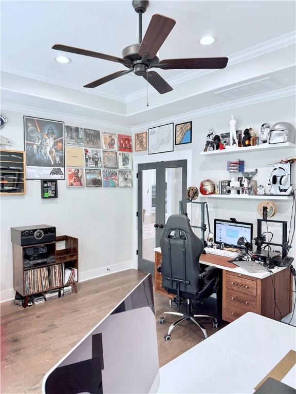 4203 Lismore Ln, College Station, TX 77845 - office featuring ornamental molding, french doors, ceiling fan, wood finished floors, and recessed lighting