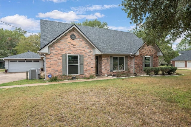 view of front facade with a front lawn, brick siding, central AC unit, and roof with shingles