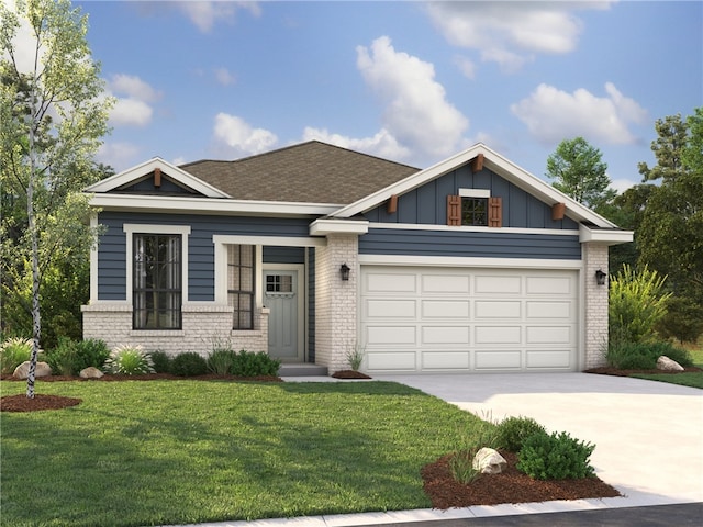 craftsman inspired home featuring a garage and a front lawn