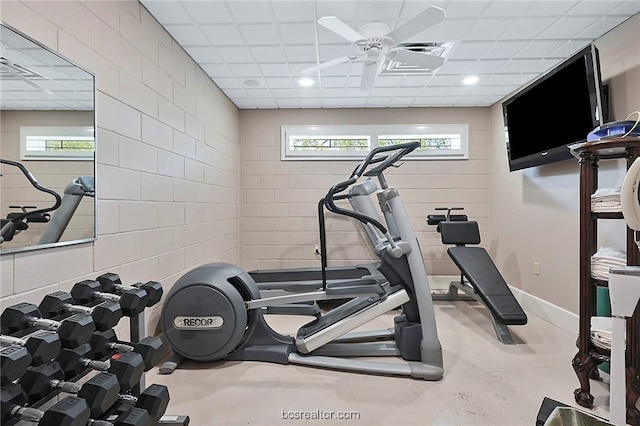 exercise area with a drop ceiling, a wealth of natural light, and ceiling fan