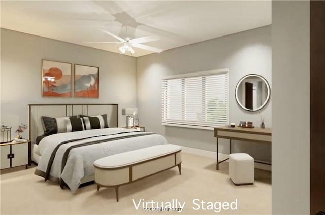 bedroom featuring ceiling fan and light carpet