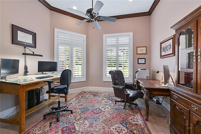 office with ceiling fan and crown molding