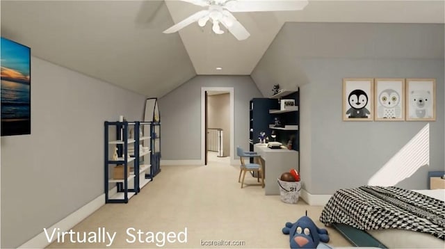 bedroom featuring carpet flooring, ceiling fan, and vaulted ceiling