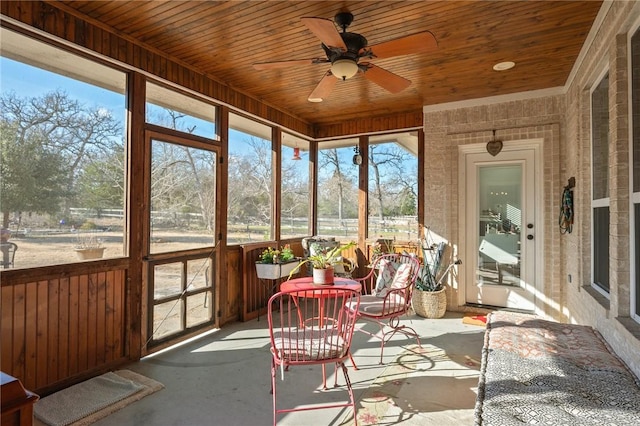 sunroom / solarium featuring ceiling fan and wood ceiling