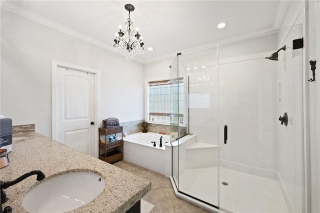 bathroom featuring tile patterned floors, ornamental molding, plus walk in shower, and vanity