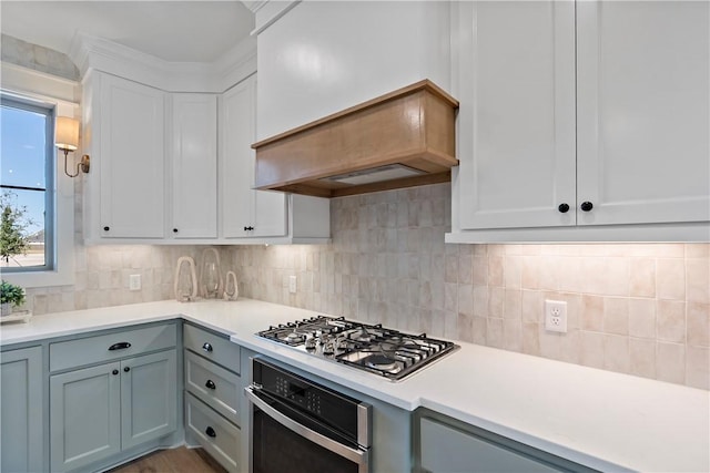 kitchen with premium range hood, backsplash, white cabinetry, and stainless steel appliances