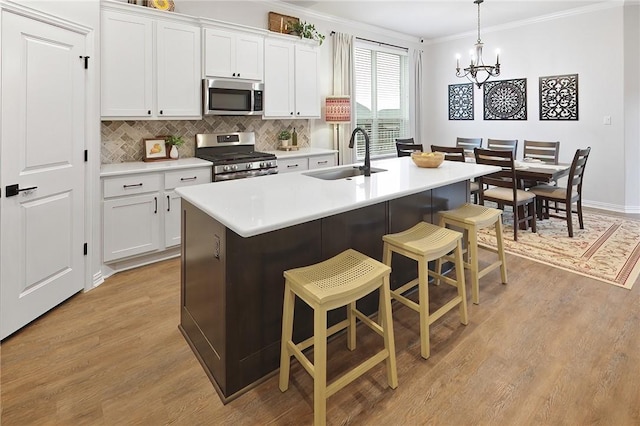 kitchen featuring white cabinetry, stainless steel appliances, a kitchen island with sink, and sink