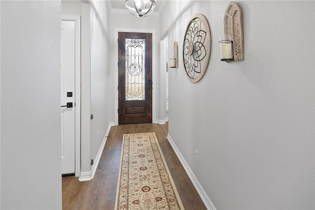 doorway with crown molding and dark wood-type flooring