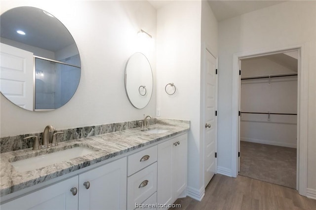 bathroom with hardwood / wood-style floors and vanity