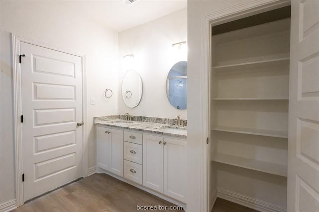 bathroom featuring vanity and hardwood / wood-style flooring