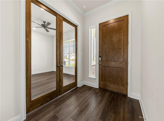 entryway featuring crown molding, ceiling fan, french doors, and dark wood-type flooring