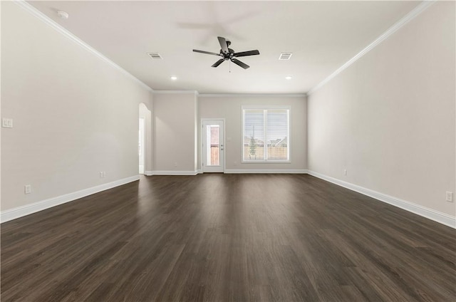 unfurnished living room featuring ceiling fan, dark wood-type flooring, and ornamental molding