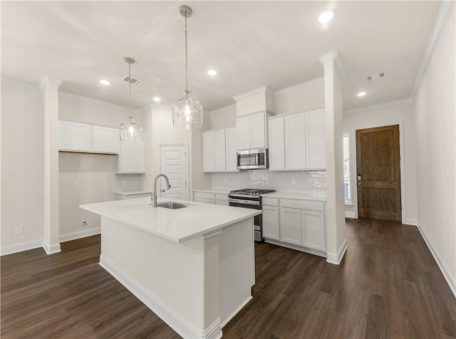 kitchen featuring white cabinetry, sink, an island with sink, and stainless steel appliances