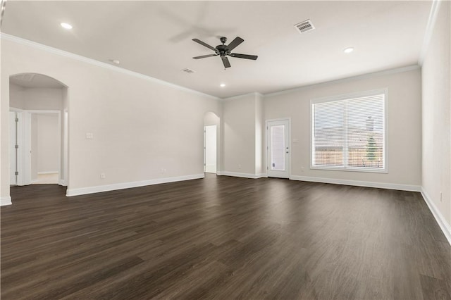 unfurnished living room with dark hardwood / wood-style floors, ceiling fan, and crown molding