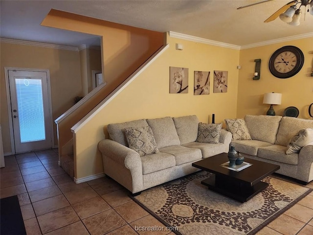 tiled living room featuring crown molding and ceiling fan