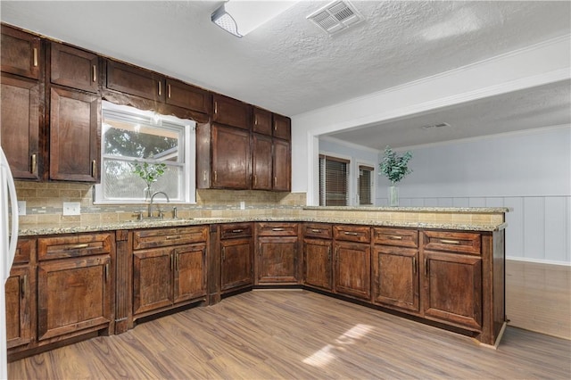 kitchen featuring light stone countertops, light wood-type flooring, backsplash, and sink