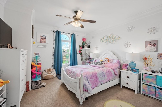 4314 Hadleigh Ln, College Station, TX 77845 - bedroom with crown molding, carpet floors, and a ceiling fan