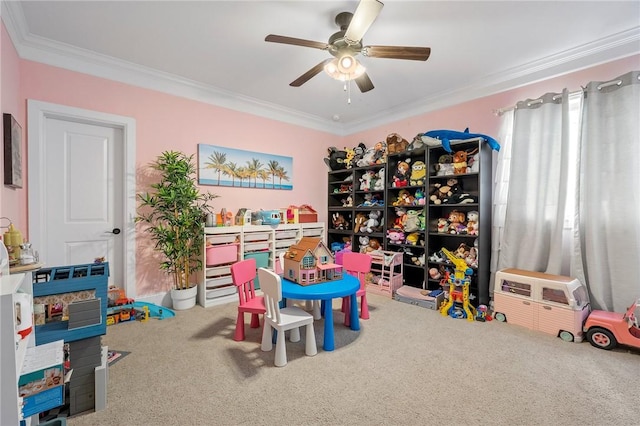 4314 Hadleigh Ln, College Station, TX 77845 - recreation room featuring carpet flooring, crown molding, and ceiling fan