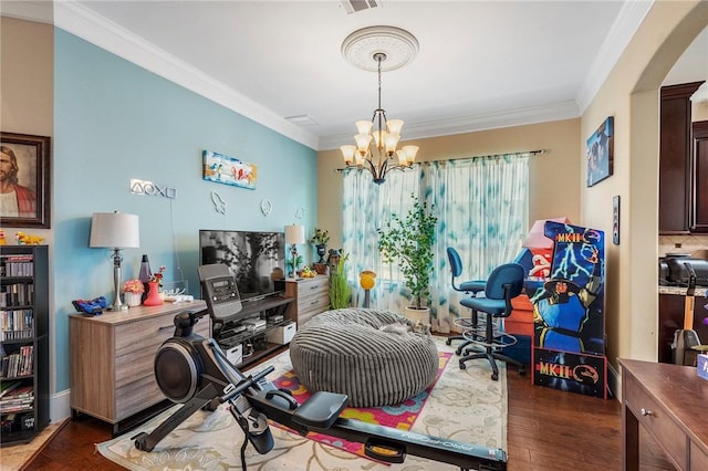 4314 Hadleigh Ln, College Station, TX 77845 - office space featuring ornamental molding, a chandelier, and dark wood-style flooring
