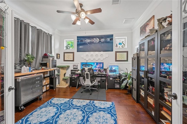 4314 Hadleigh Ln, College Station, TX 77845 - office area with dark wood-style floors, crown molding, and a ceiling fan