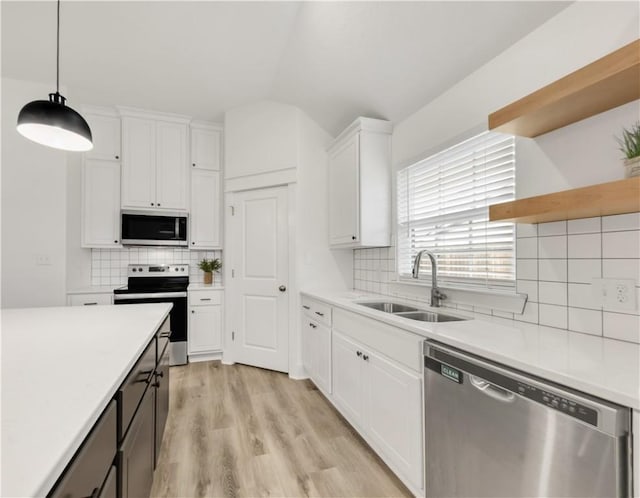 kitchen featuring open shelves, white cabinets, a sink, appliances with stainless steel finishes, and backsplash