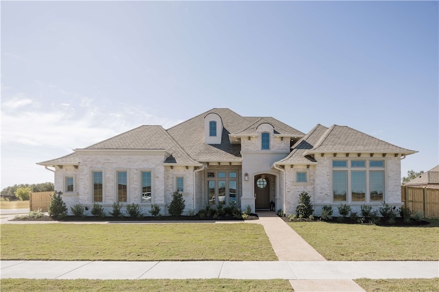 french country home with a front lawn