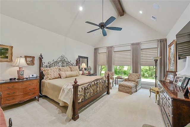 5205 Bourrone Ct, Bryan, TX 77802 - bedroom with light carpet, high vaulted ceiling, beam ceiling, recessed lighting, and a ceiling fan