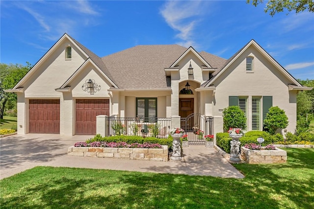 5205 Bourrone Ct, Bryan, TX 77802 - view of front facade featuring stucco siding, a garage, driveway, a front yard, and a shingled roof